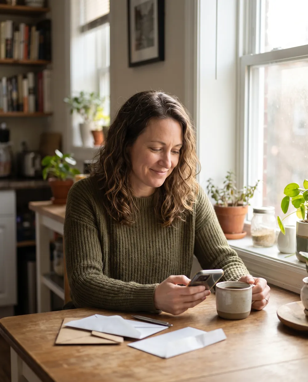 A woman at her kitchen table checking her credit scan on her phone
