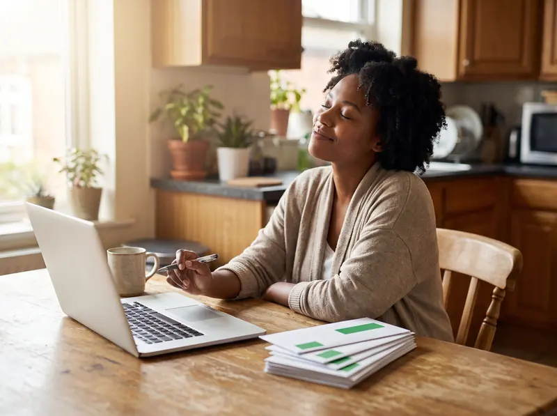 A woman relaxing at her kitchen table next to a stack of certified mail envelopes